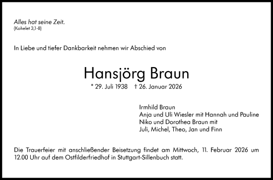Traueranzeige von Hansjörg Braun von Stuttgarter Zeitung / Stuttgarter Nachrichten