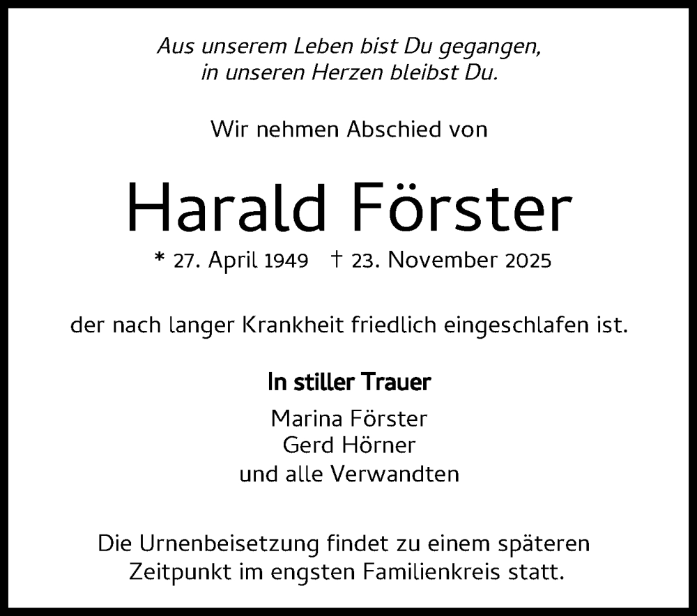  Traueranzeige für Harald Förster vom 04.12.2025 aus Leonberger Kreiszeitung / Strohgäu Extra