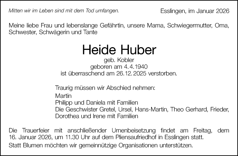  Traueranzeige für Heide Huber vom 10.01.2026 aus Stuttgarter Zeitung / Stuttgarter Nachrichten