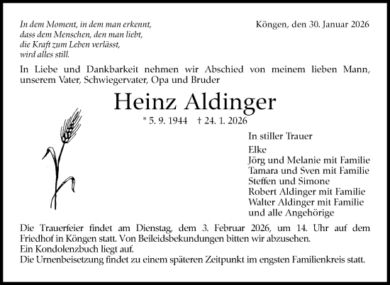 Traueranzeige von Heinz Aldinger von Eßlinger Zeitung