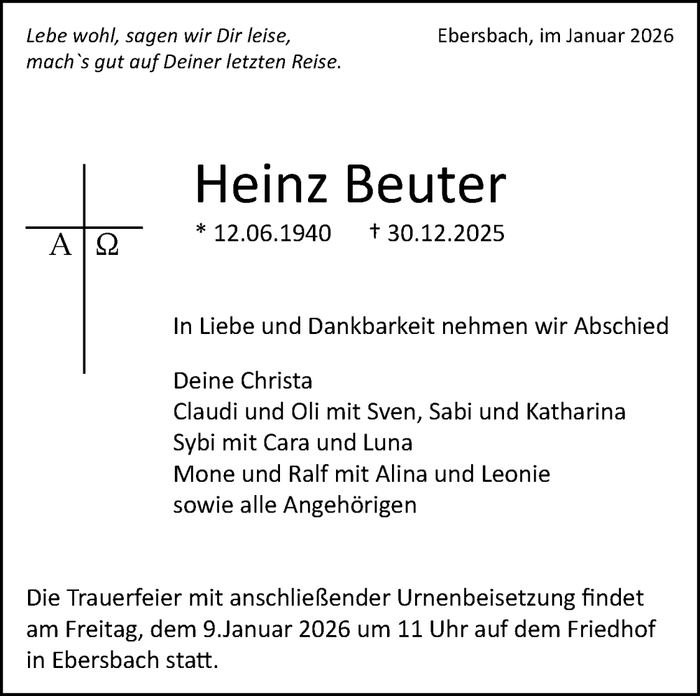  Traueranzeige für Heinz Beuter vom 07.01.2026 aus Eßlinger Zeitung