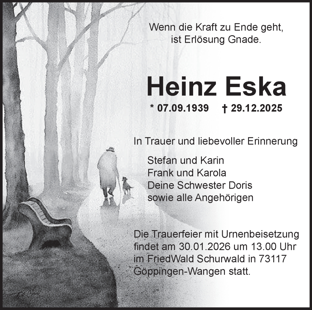  Traueranzeige für Heinz Eska vom 17.01.2026 aus Eßlinger Zeitung