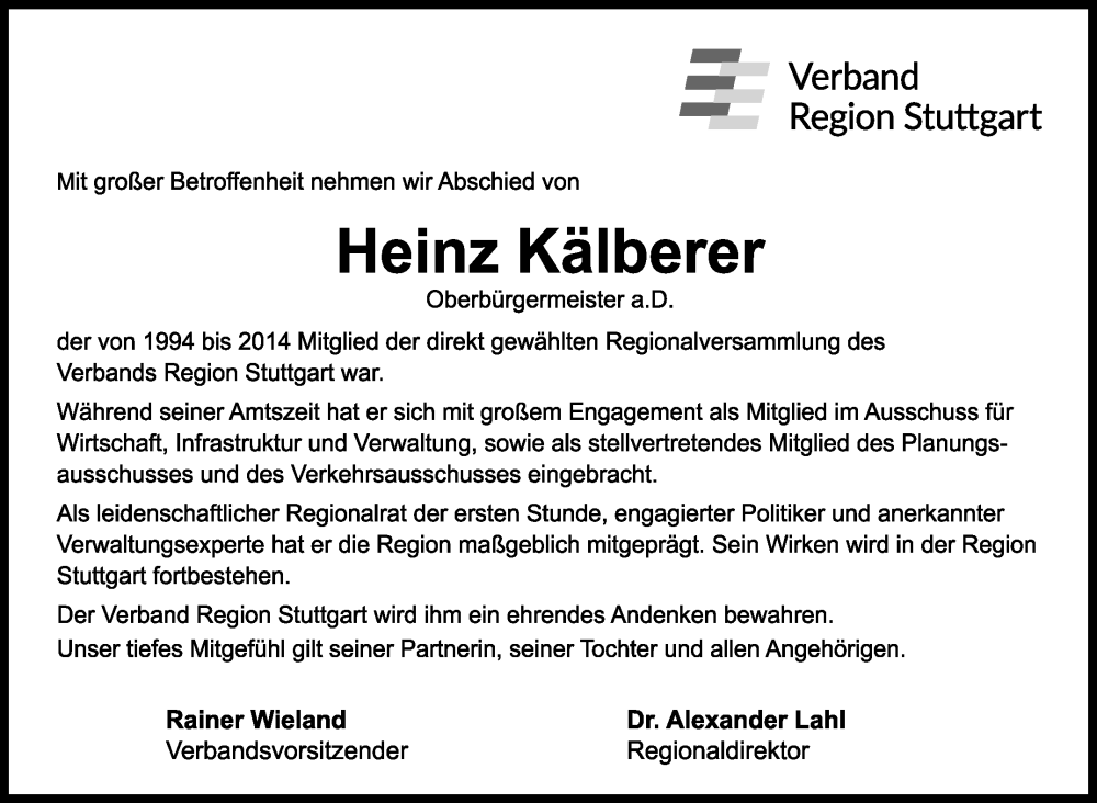  Traueranzeige für Heinz Kälberer vom 24.01.2026 aus Stuttgarter Zeitung / Stuttgarter Nachrichten