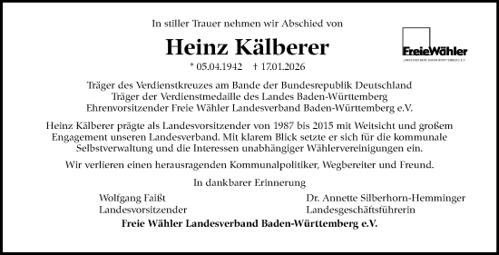 Traueranzeige von Heinz Kälberer von Stuttgarter Zeitung / Stuttgarter Nachrichten