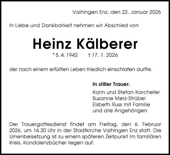Traueranzeige von Heinz Kälberer von Stuttgarter Zeitung / Stuttgarter Nachrichten