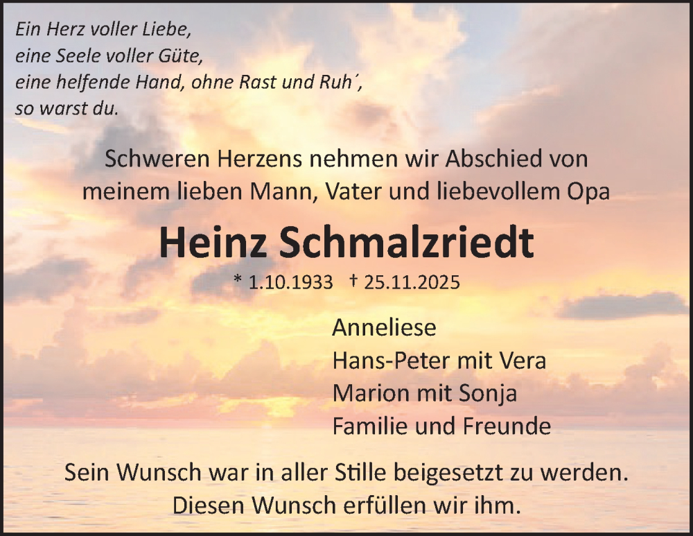  Traueranzeige für Heinz Schmalzriedt vom 04.12.2025 aus Stuttgarter Zeitung / Stuttgarter Nachrichten