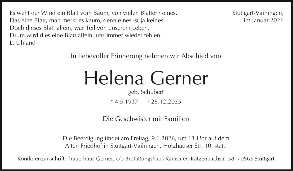  Traueranzeige für Helena Gerner vom 03.01.2026 aus Stuttgarter Zeitung / Stuttgarter Nachrichten
