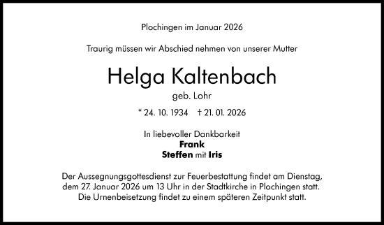 Traueranzeige von Helga Kaltenbach von Eßlinger Zeitung