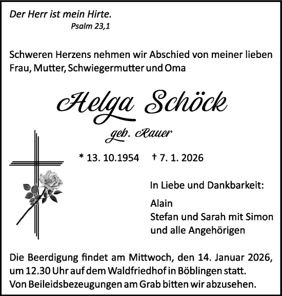 Traueranzeige von Helga Schöck von Kreiszeitung Böblinger Bote