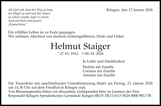 Traueranzeige von Helmut Staiger von Eßlinger Zeitung