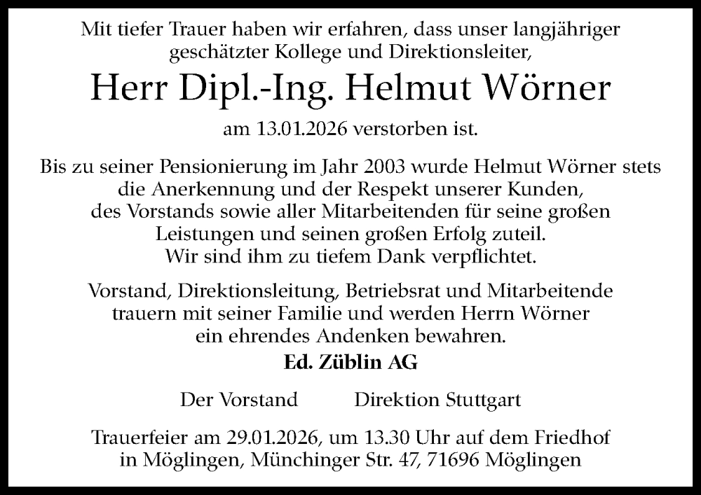 Traueranzeige für Helmut Wörner vom 17.01.2026 aus Stuttgarter Zeitung / Stuttgarter Nachrichten