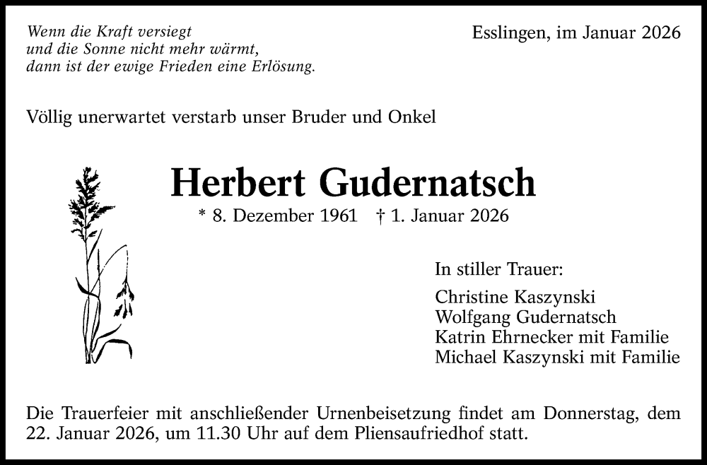  Traueranzeige für Herbert Gudernatsch vom 17.01.2026 aus Eßlinger Zeitung