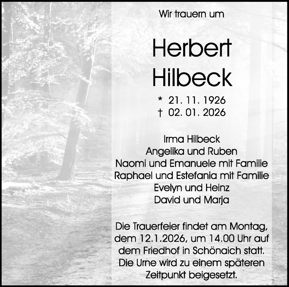  Traueranzeige für Herbert Hilbeck vom 08.01.2026 aus Kreiszeitung Böblinger Bote