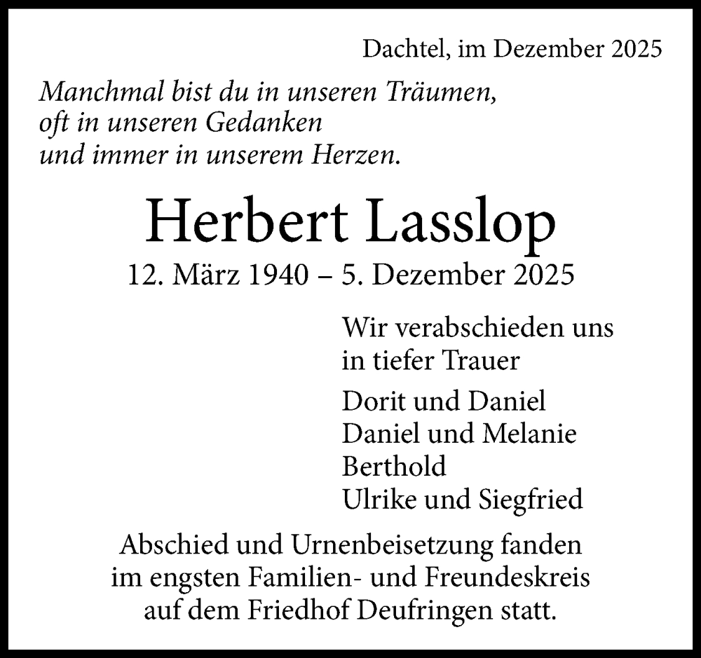  Traueranzeige für Herbert Lasslop vom 16.01.2026 aus Kreiszeitung Böblinger Bote