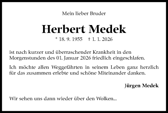 Traueranzeige von Herbert Medek von Stuttgarter Zeitung / Stuttgarter Nachrichten