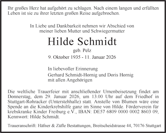 Traueranzeige von Hilde Schmidt von Stuttgarter Zeitung / Stuttgarter Nachrichten