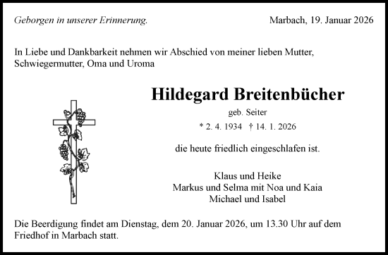 Traueranzeige von Hildegard Breitenbücher von Marbacher Zeitung