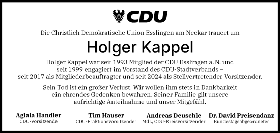 Traueranzeige von Holger Kappel von Eßlinger Zeitung