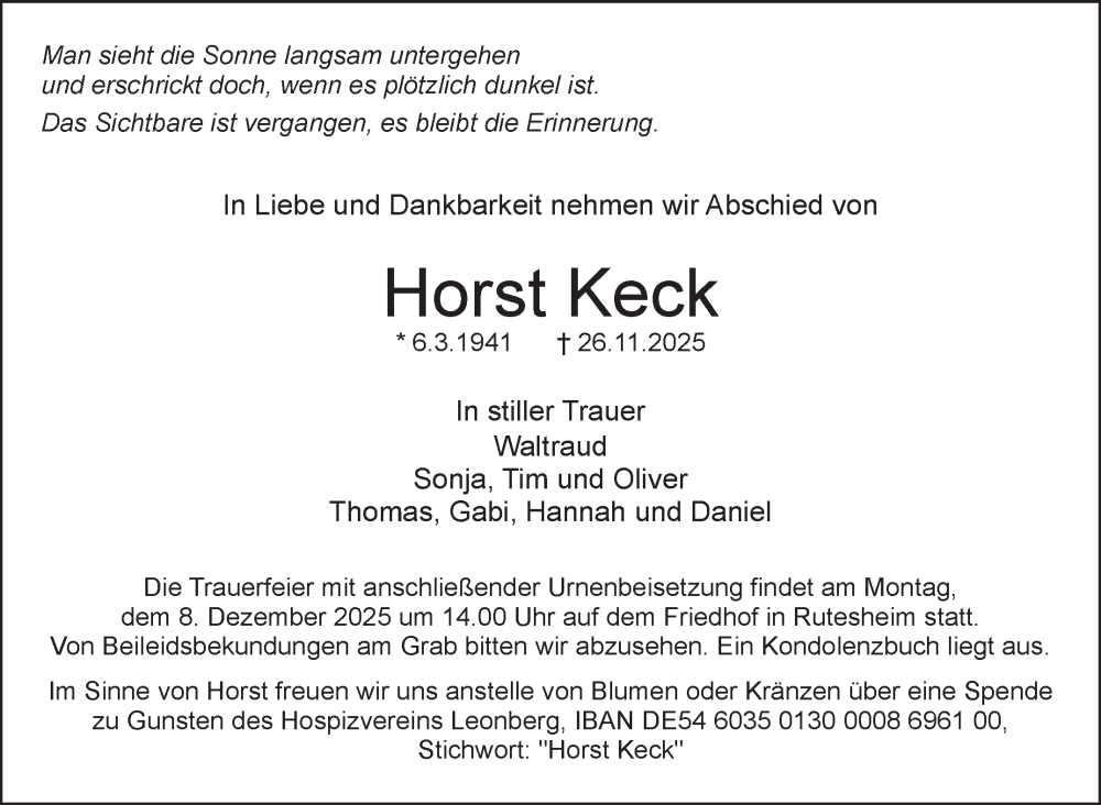  Traueranzeige für Horst Keck vom 03.12.2025 aus Leonberger Kreiszeitung / Strohgäu Extra