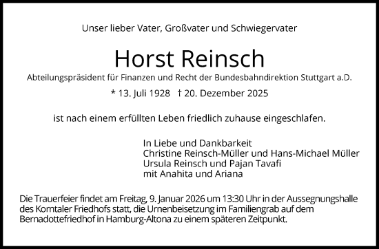 Traueranzeige von Horst Reinsch von Stuttgarter Zeitung / Stuttgarter Nachrichten