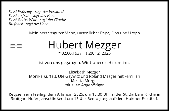 Traueranzeige von Hubert Mezger von Stuttgarter Zeitung / Stuttgarter Nachrichten