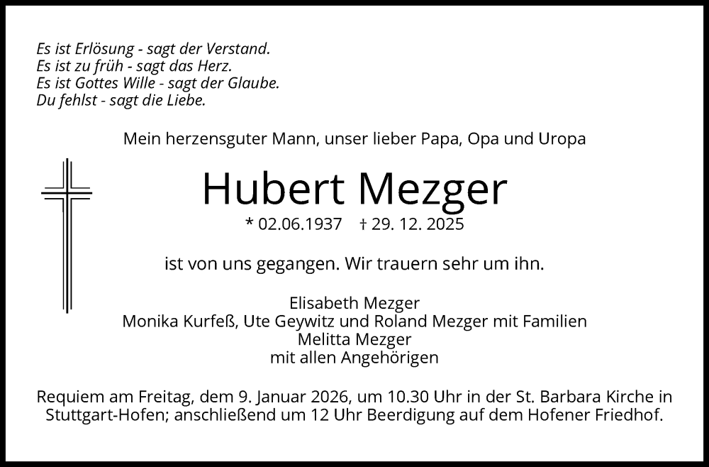  Traueranzeige für Hubert Mezger vom 03.01.2026 aus Stuttgarter Zeitung / Stuttgarter Nachrichten