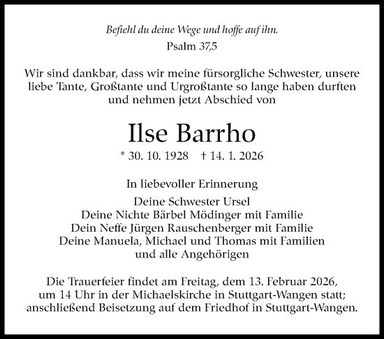 Traueranzeige von Ilse Barrho von Stuttgarter Zeitung / Stuttgarter Nachrichten