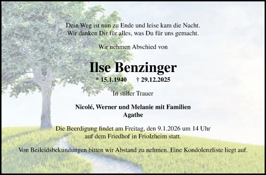 Traueranzeige von Ilse Benzinger von Leonberger Kreiszeitung / Strohgäu Extra