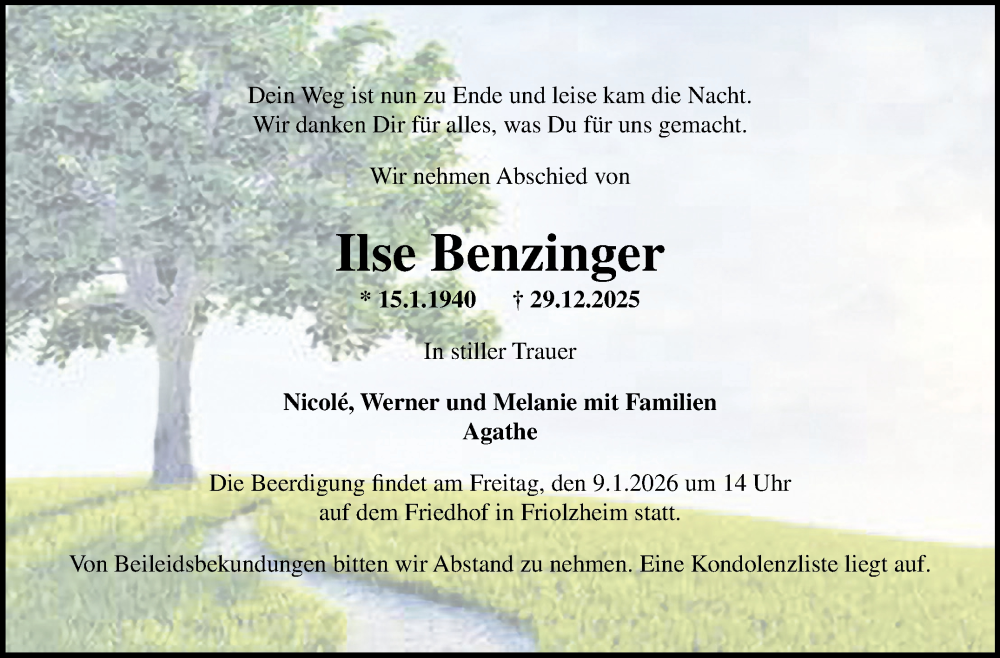  Traueranzeige für Ilse Benzinger vom 03.01.2026 aus Leonberger Kreiszeitung / Strohgäu Extra
