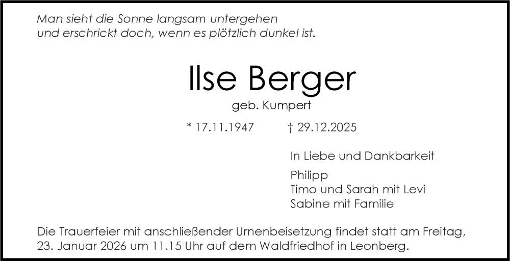  Traueranzeige für Ilse Berger vom 17.01.2026 aus Leonberger Kreiszeitung / Strohgäu Extra