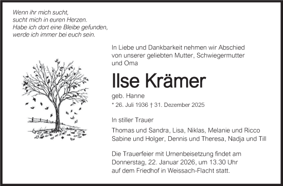 Traueranzeige von Ilse Krämer von Leonberger Kreiszeitung / Strohgäu Extra