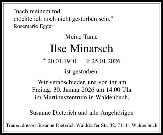 Traueranzeige von Ilse Minarsch von Eßlinger Zeitung
