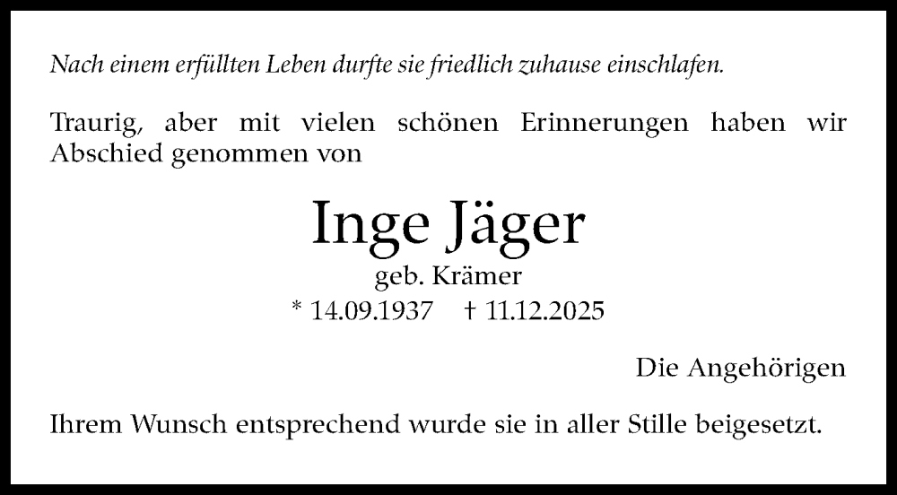  Traueranzeige für Inge Jäger vom 10.01.2026 aus Eßlinger Zeitung