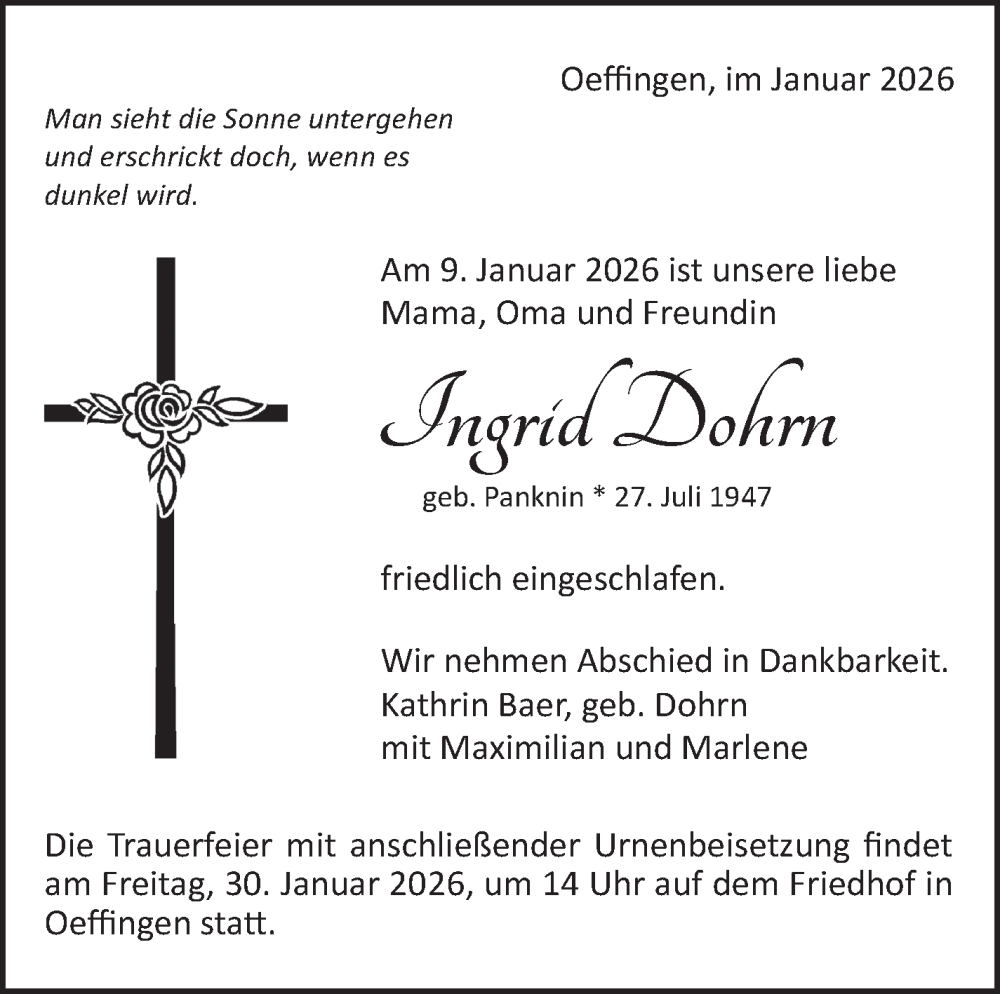  Traueranzeige für Ingrid Dohrn vom 23.01.2026 aus Stuttgarter Zeitung / Stuttgarter Nachrichten