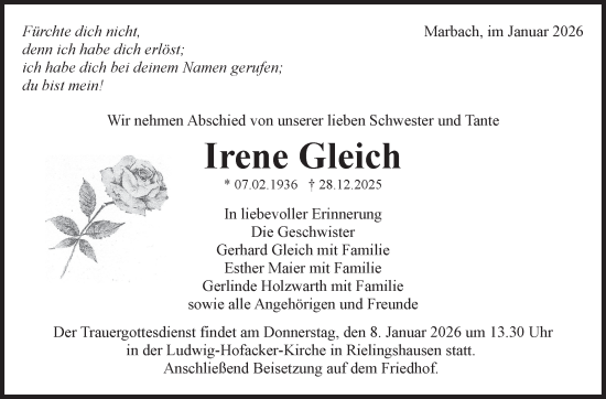 Traueranzeige von Irene Gleich von Marbacher Zeitung