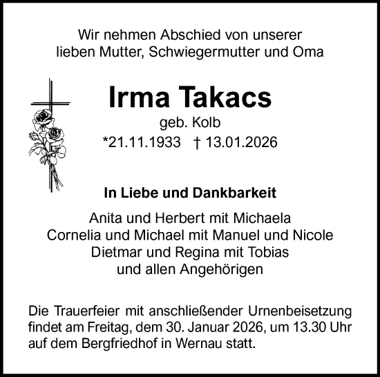 Traueranzeige von Irma Takacs von Eßlinger Zeitung