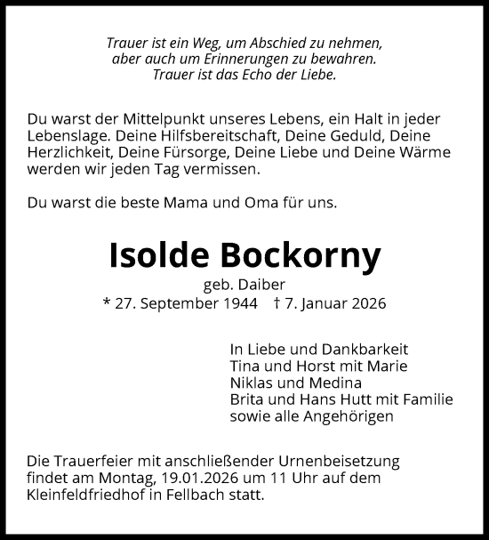 Traueranzeige von Isolde Bockorny von Stuttgarter Zeitung / Stuttgarter Nachrichten