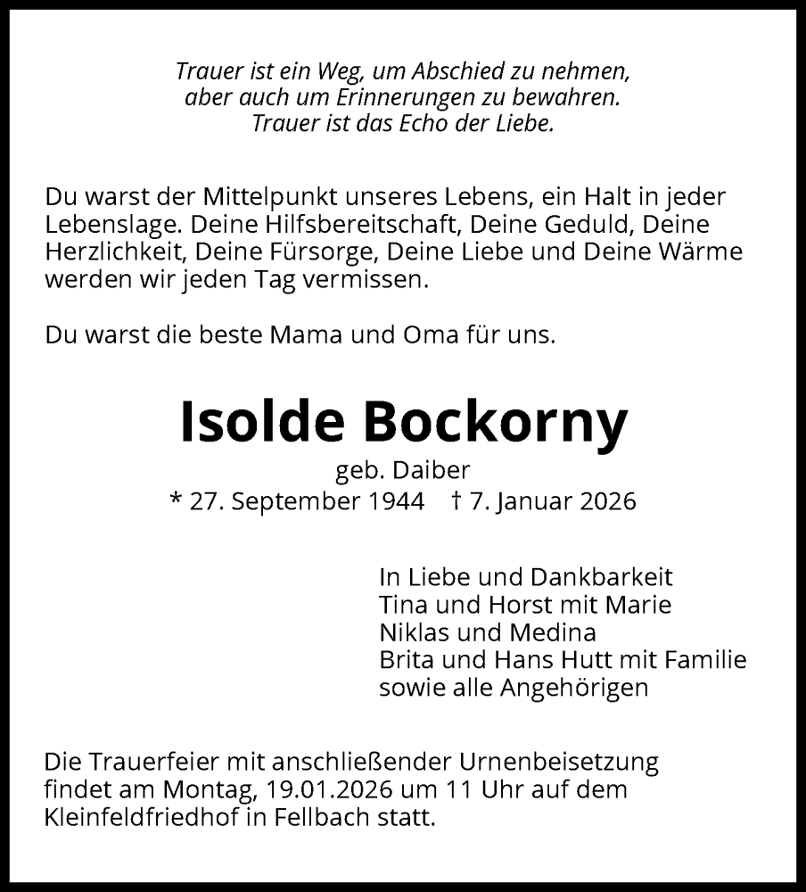  Traueranzeige für Isolde Bockorny vom 14.01.2026 aus Stuttgarter Zeitung / Stuttgarter Nachrichten