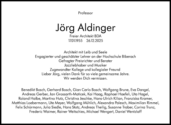 Traueranzeige von Jörg Aldinger von Stuttgarter Zeitung / Stuttgarter Nachrichten