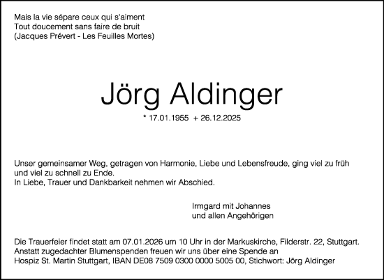 Traueranzeige von Jörg Aldinger von Stuttgarter Zeitung / Stuttgarter Nachrichten