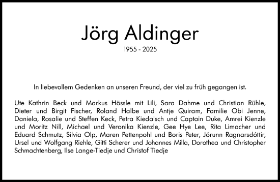 Traueranzeige von Jörg Aldinger von Stuttgarter Zeitung / Stuttgarter Nachrichten