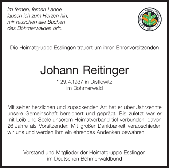 Traueranzeige von Johann Reitinger von Eßlinger Zeitung