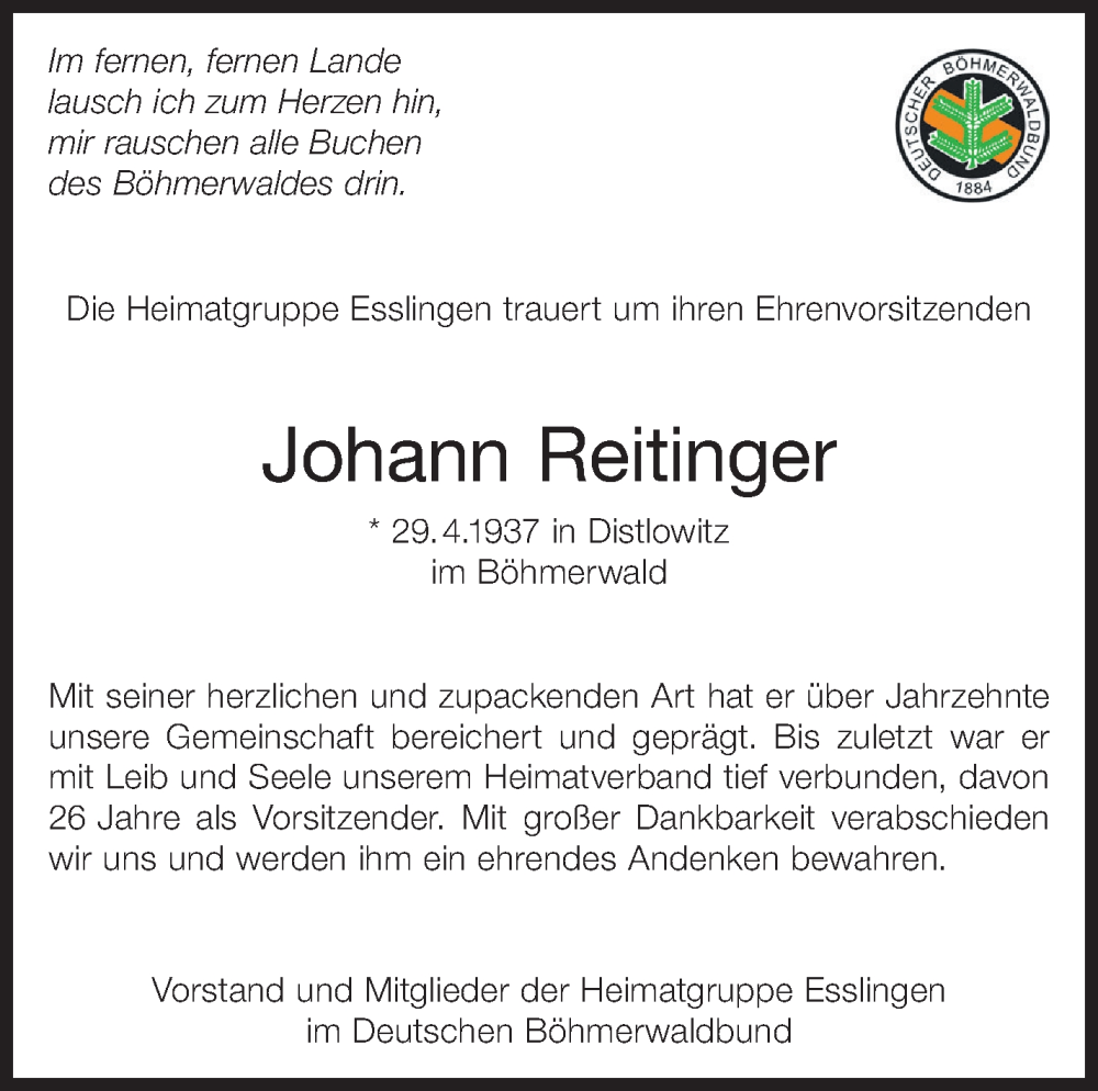  Traueranzeige für Johann Reitinger vom 31.01.2026 aus Eßlinger Zeitung