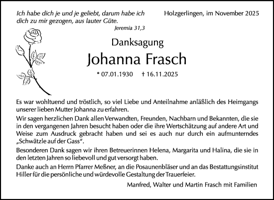 Traueranzeige von Johanna Frasch von Kreiszeitung Böblinger Bote