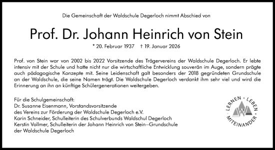 Traueranzeige von Johann Heinrich von Stein von Stuttgarter Zeitung / Stuttgarter Nachrichten