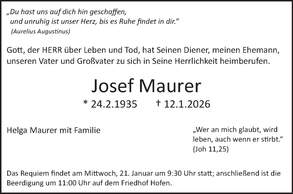  Traueranzeige für Josef Maurer vom 16.01.2026 aus Stuttgarter Zeitung / Stuttgarter Nachrichten
