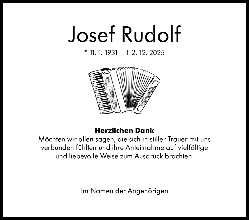  Traueranzeige für Josef Rudolf vom 22.01.2026 aus Stuttgarter Zeitung / Stuttgarter Nachrichten