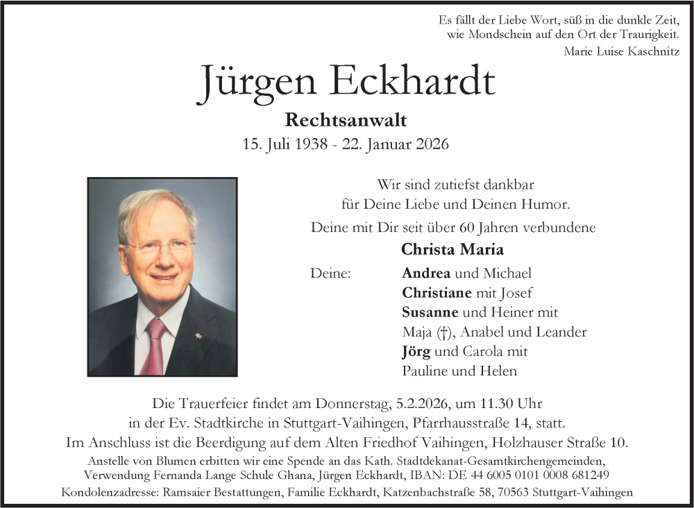  Traueranzeige für Jürgen Eckhardt vom 31.01.2026 aus Stuttgarter Zeitung / Stuttgarter Nachrichten