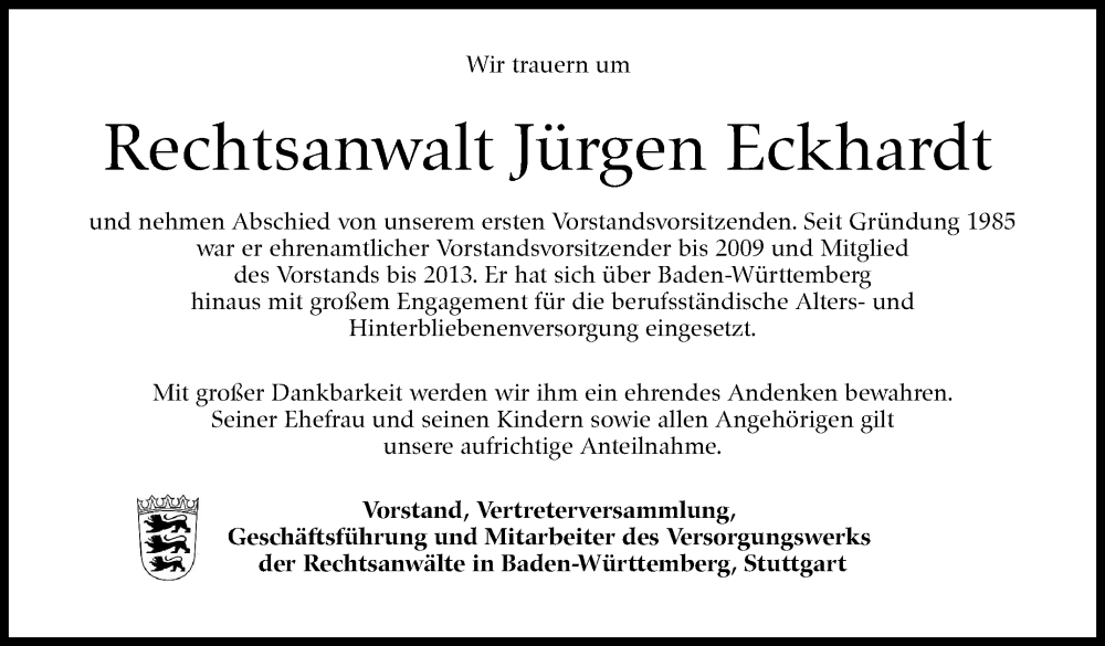  Traueranzeige für Jürgen Eckhardt vom 31.01.2026 aus Stuttgarter Zeitung / Stuttgarter Nachrichten