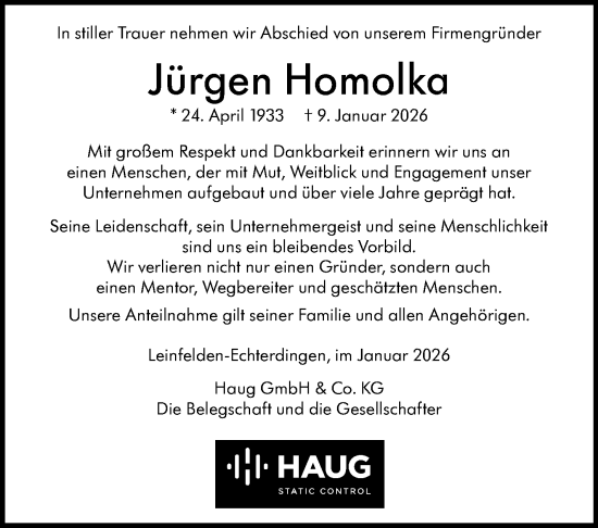 Traueranzeige von Jürgen Homolka von Stuttgarter Zeitung / Stuttgarter Nachrichten
